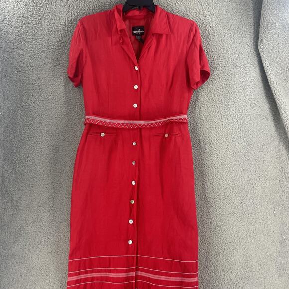 Positive Attitude Dress Womens 14 Red Linen Blend Button Front Midi Dress - Picture 7 of 15